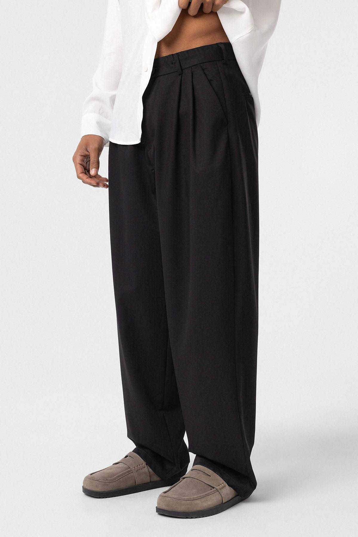 Baggy Fit Pileli Kumaş Pantolon Siyah