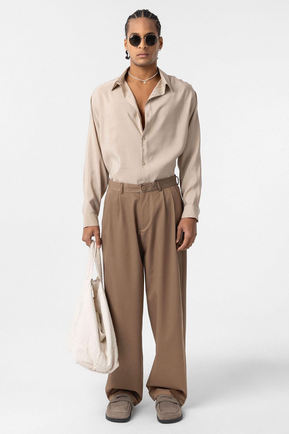 Baggy Fit Pileli Kumaş Pantolon Vizon