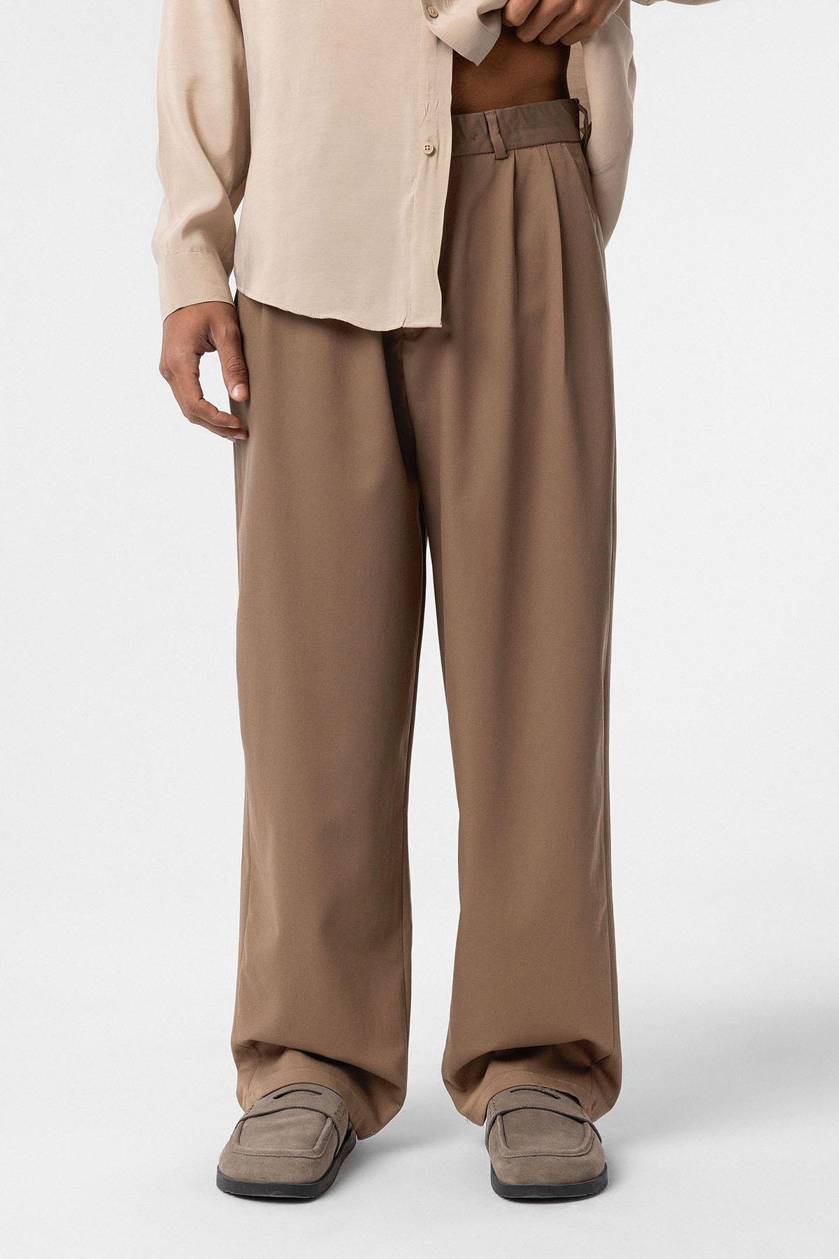 Baggy Fit Pileli Kumaş Pantolon Vizon