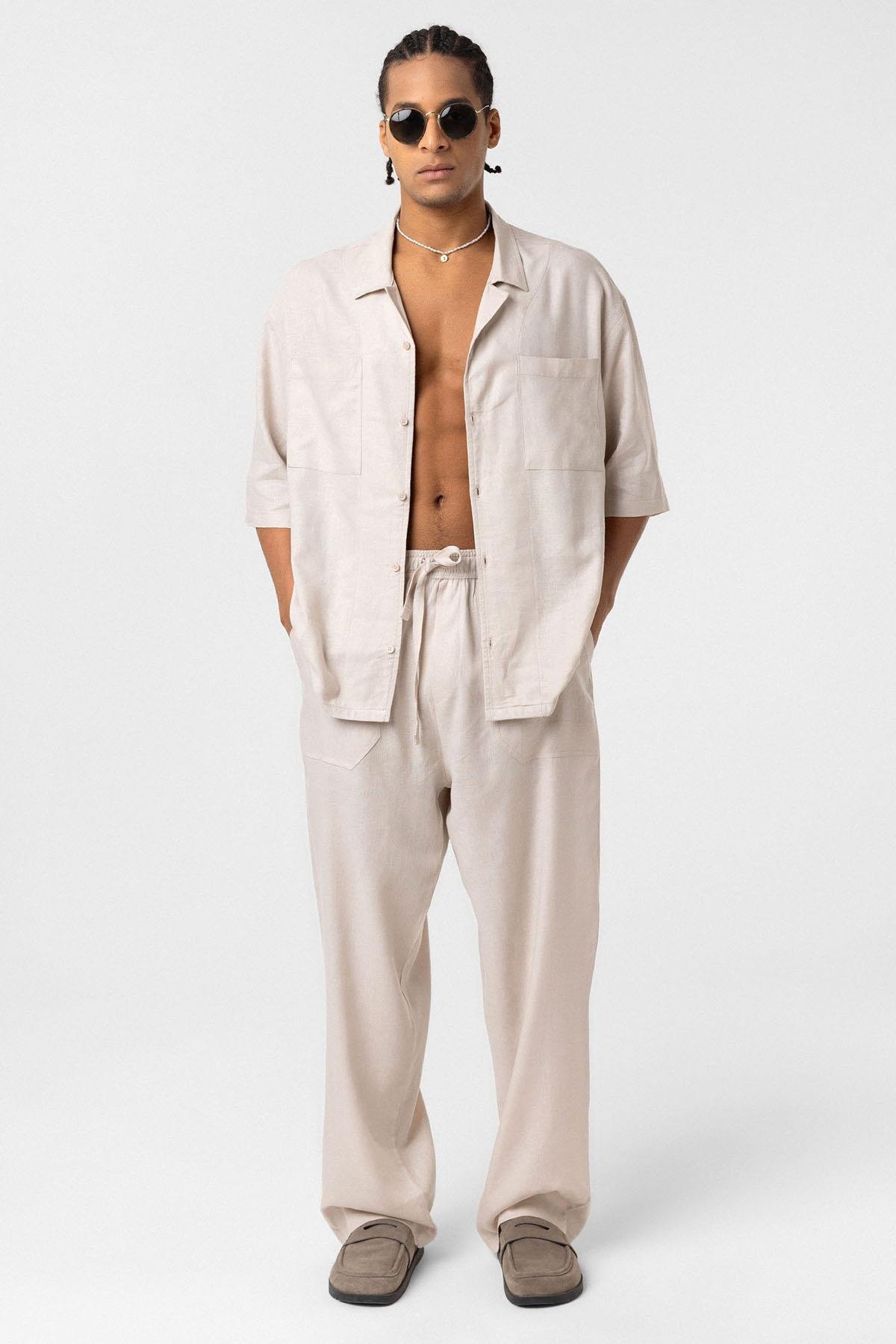 Baggy Keten Pantolon Bej