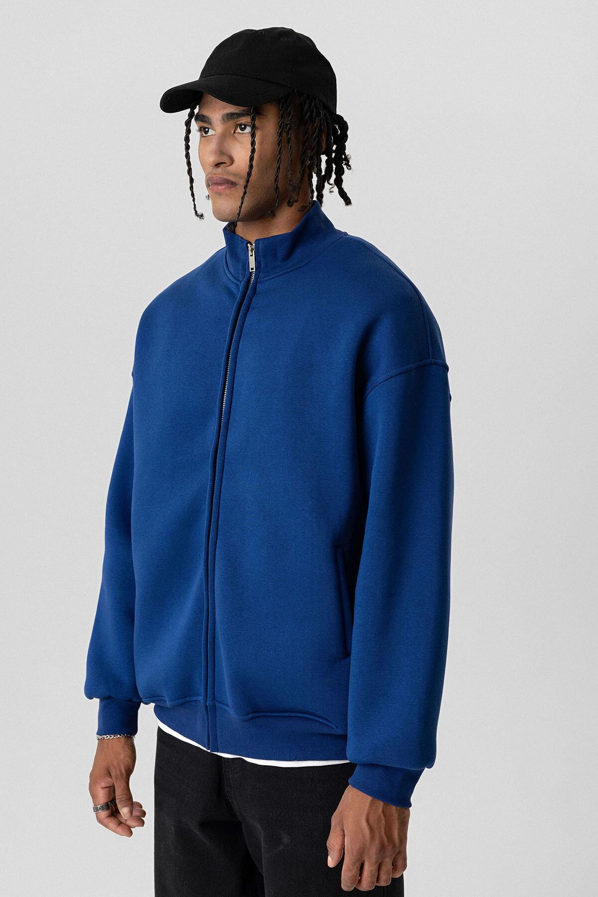 Basıc Fermuarlı Oversize Sweatshirt İndigo