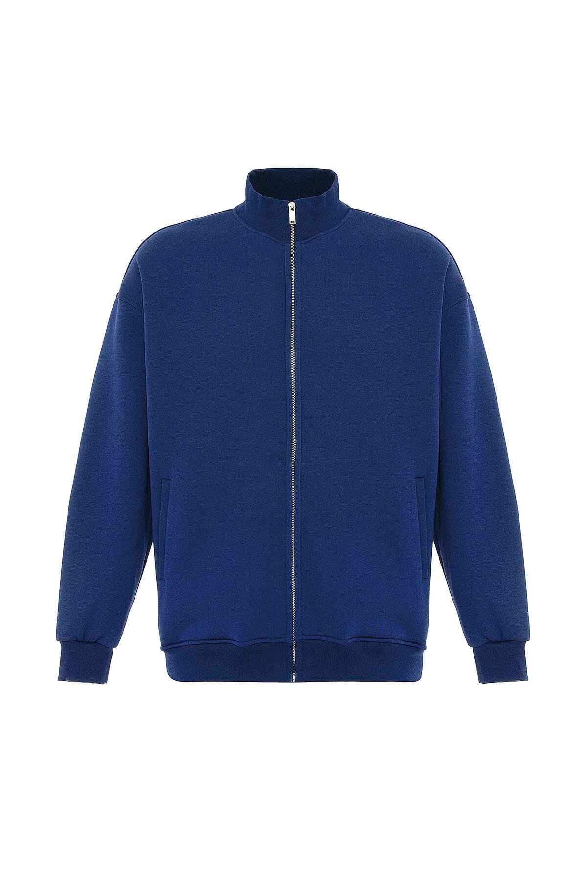 Basıc Fermuarlı Oversize Sweatshirt İndigo