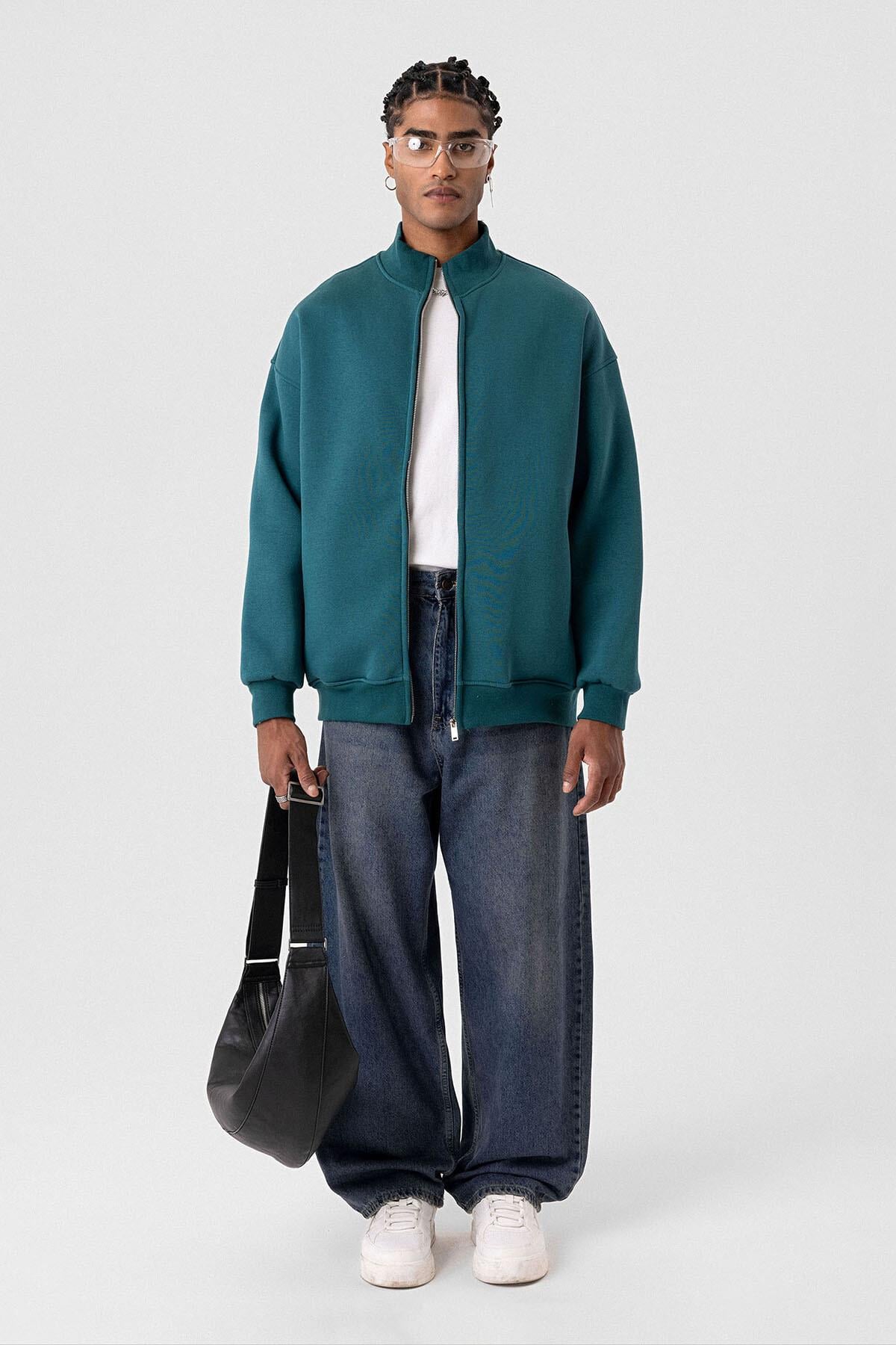 Basıc Fermuarlı Oversize Sweatshirt Petrol
