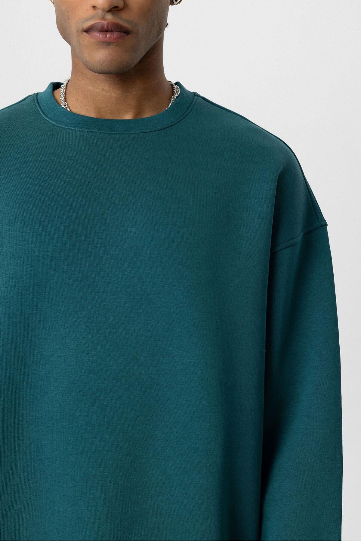 Basıc Oversize Bisiklet Yaka Sweatshirt Petrol