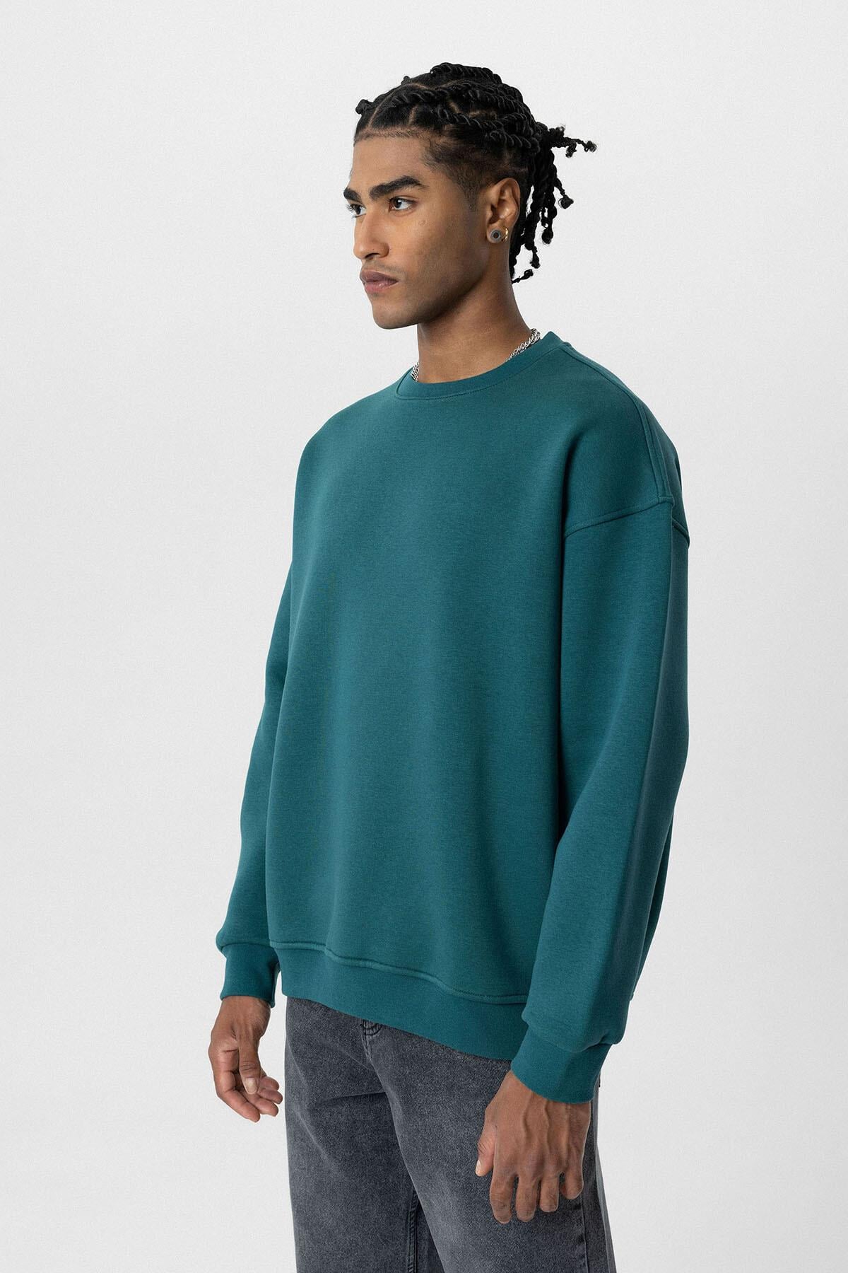 Basıc Oversize Bisiklet Yaka Sweatshirt Petrol