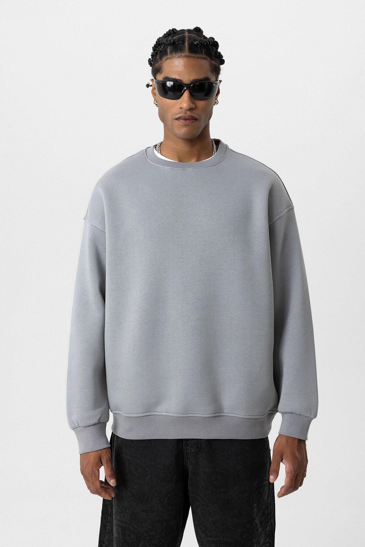 Basıc Oversize Bisiklet Yaka Sweatshirt Gri