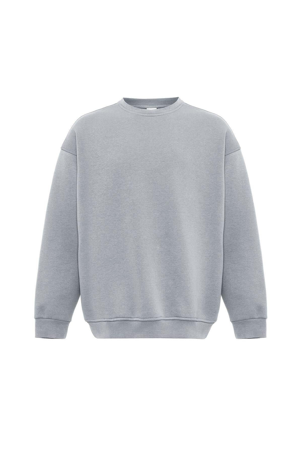 Basıc Oversize Bisiklet Yaka Sweatshirt Gri
