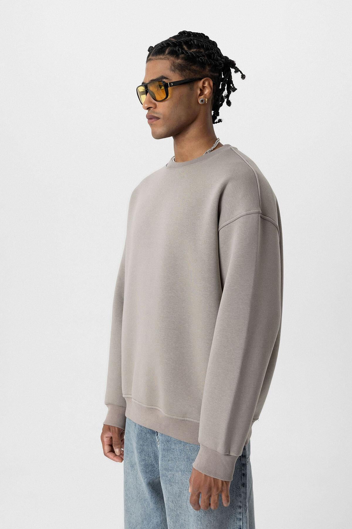 Basıc Oversize Bisiklet Yaka Sweatshirt Vizon