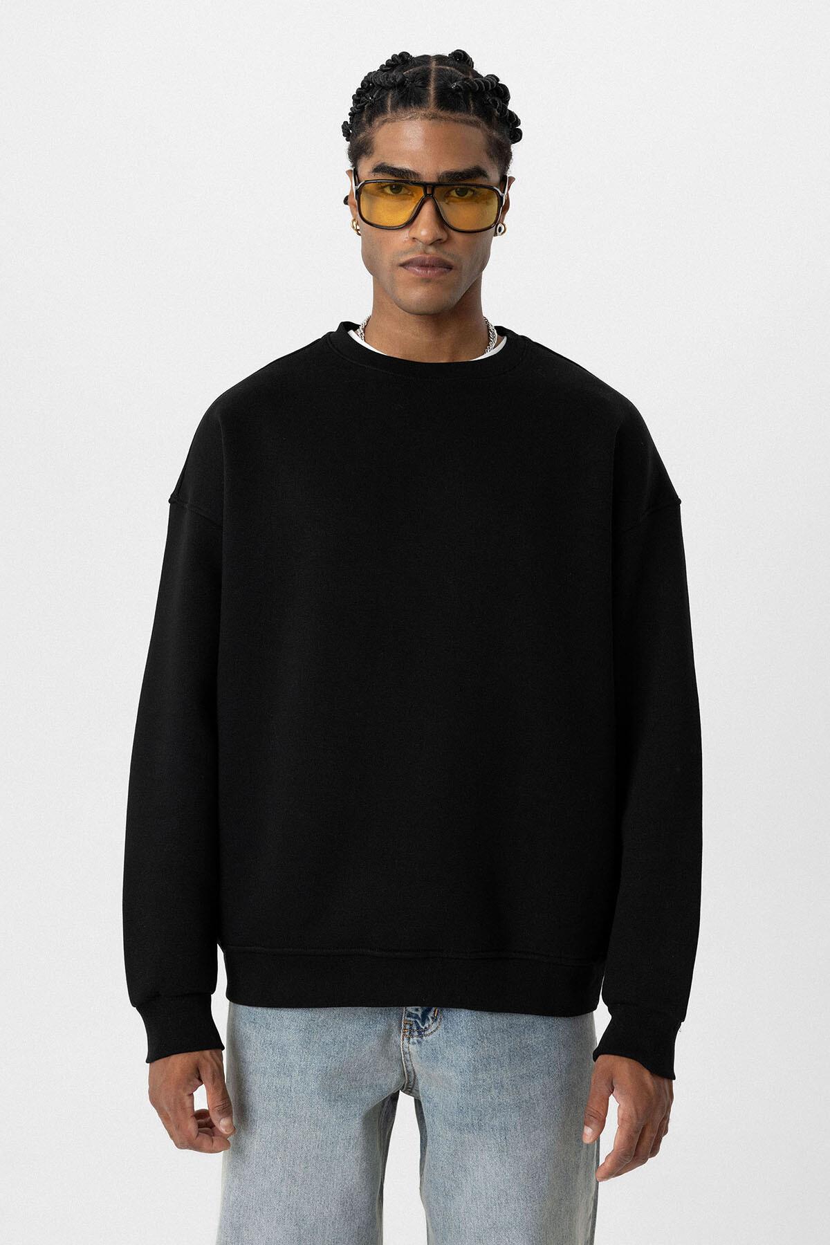 Basıc Oversize Bisiklet Yaka Sweatshirt Siyah