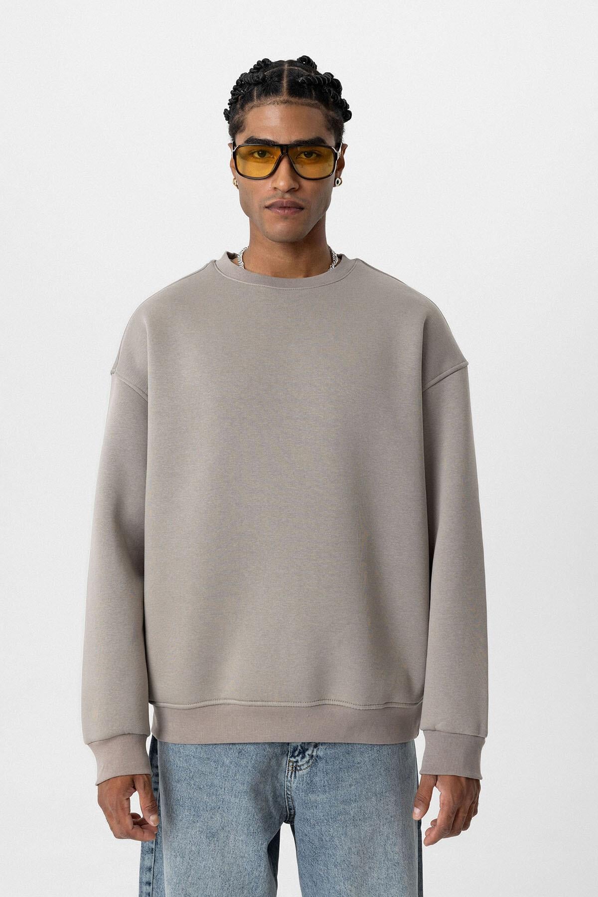 Basıc Oversize Bisiklet Yaka Sweatshirt Vizon
