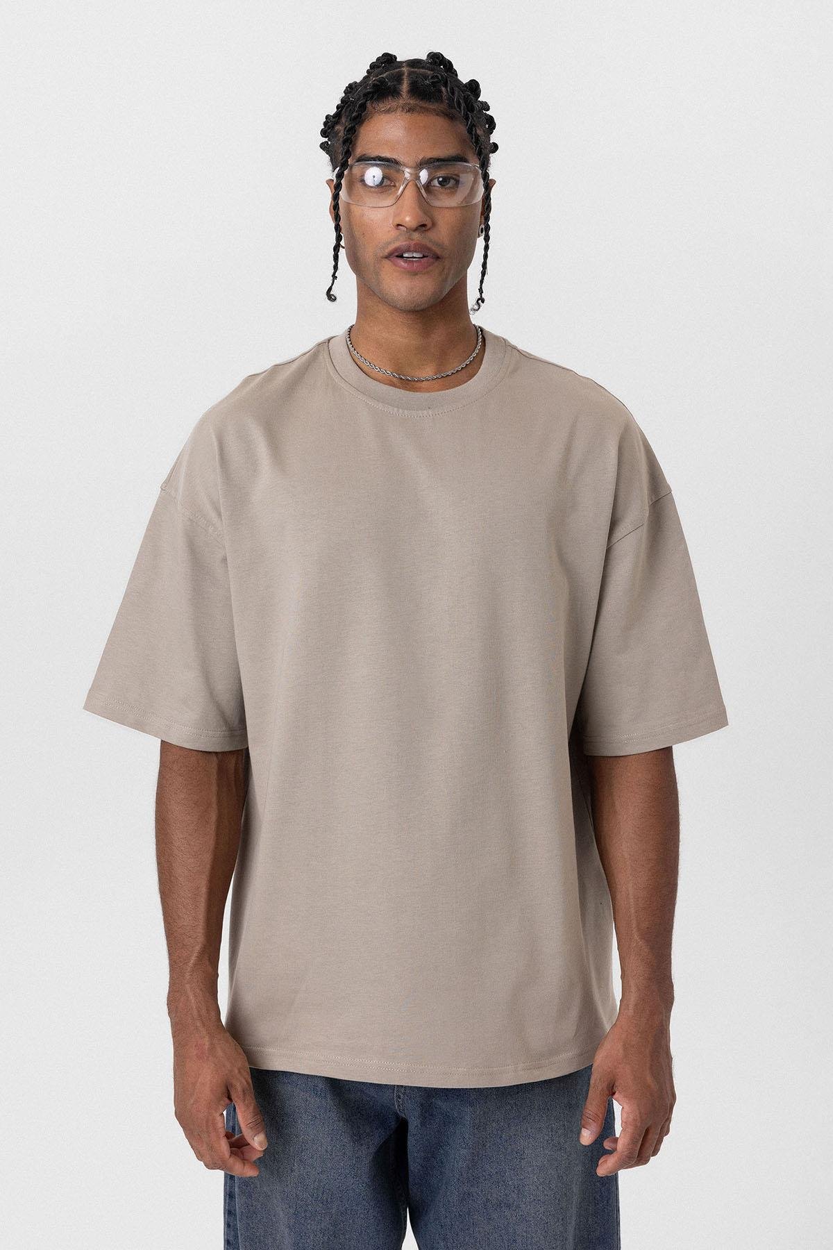 Basic Oversize Bisiklet Yaka Tişört Vizon