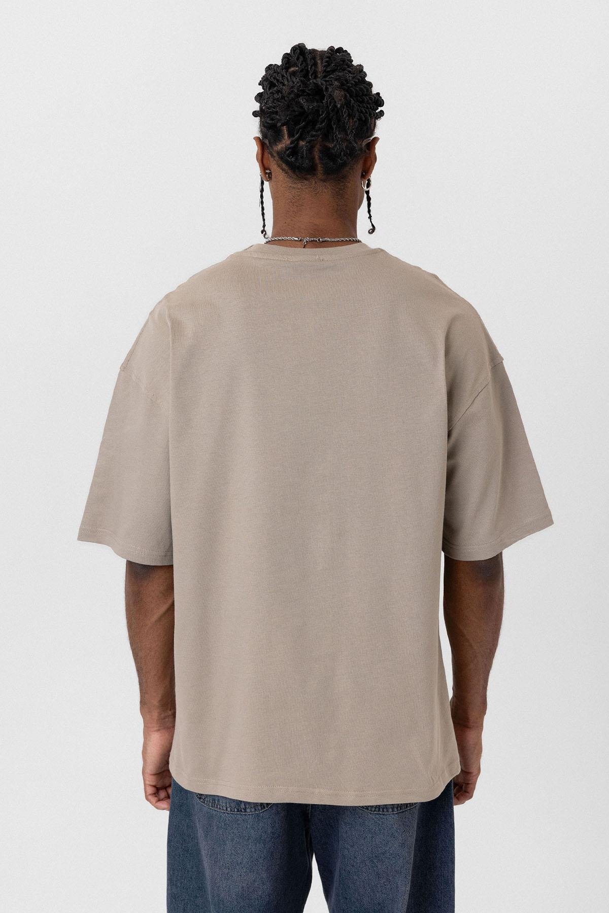 Basic Oversize Bisiklet Yaka Tişört Vizon