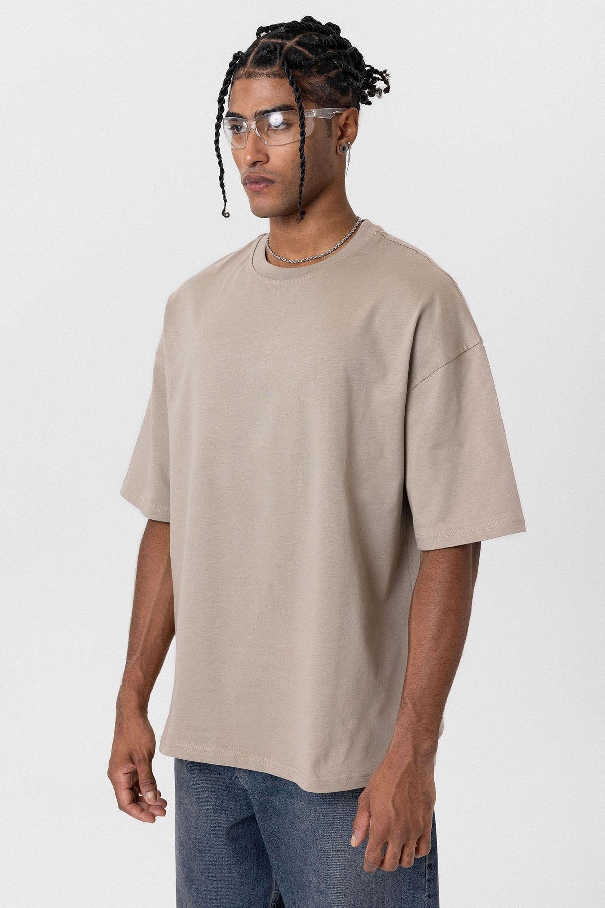 Basic Oversize Bisiklet Yaka Tişört Vizon