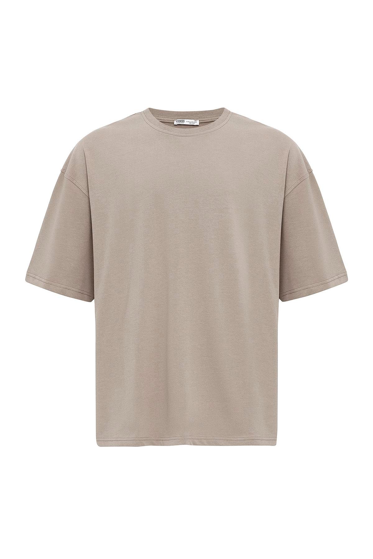 Basic Oversize Bisiklet Yaka Tişört Vizon