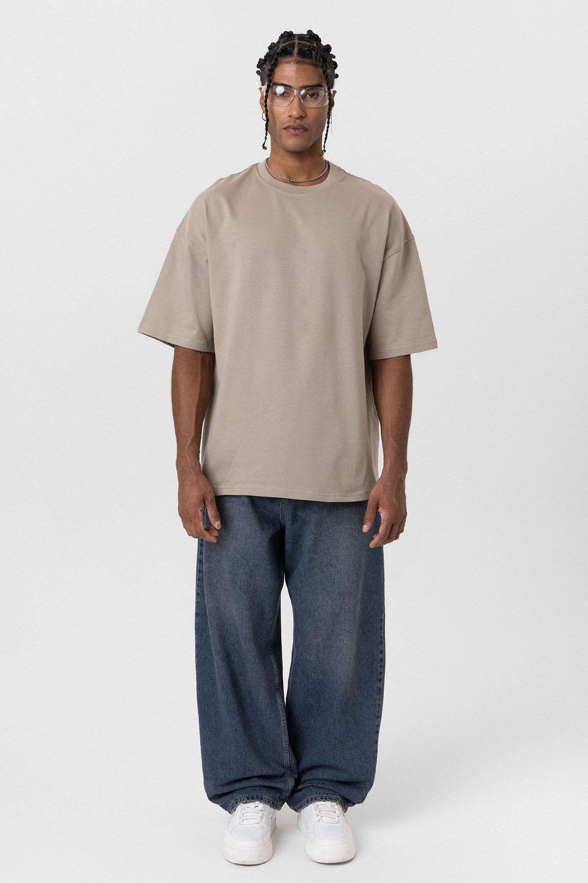 Basic Oversize Bisiklet Yaka Tişört Vizon