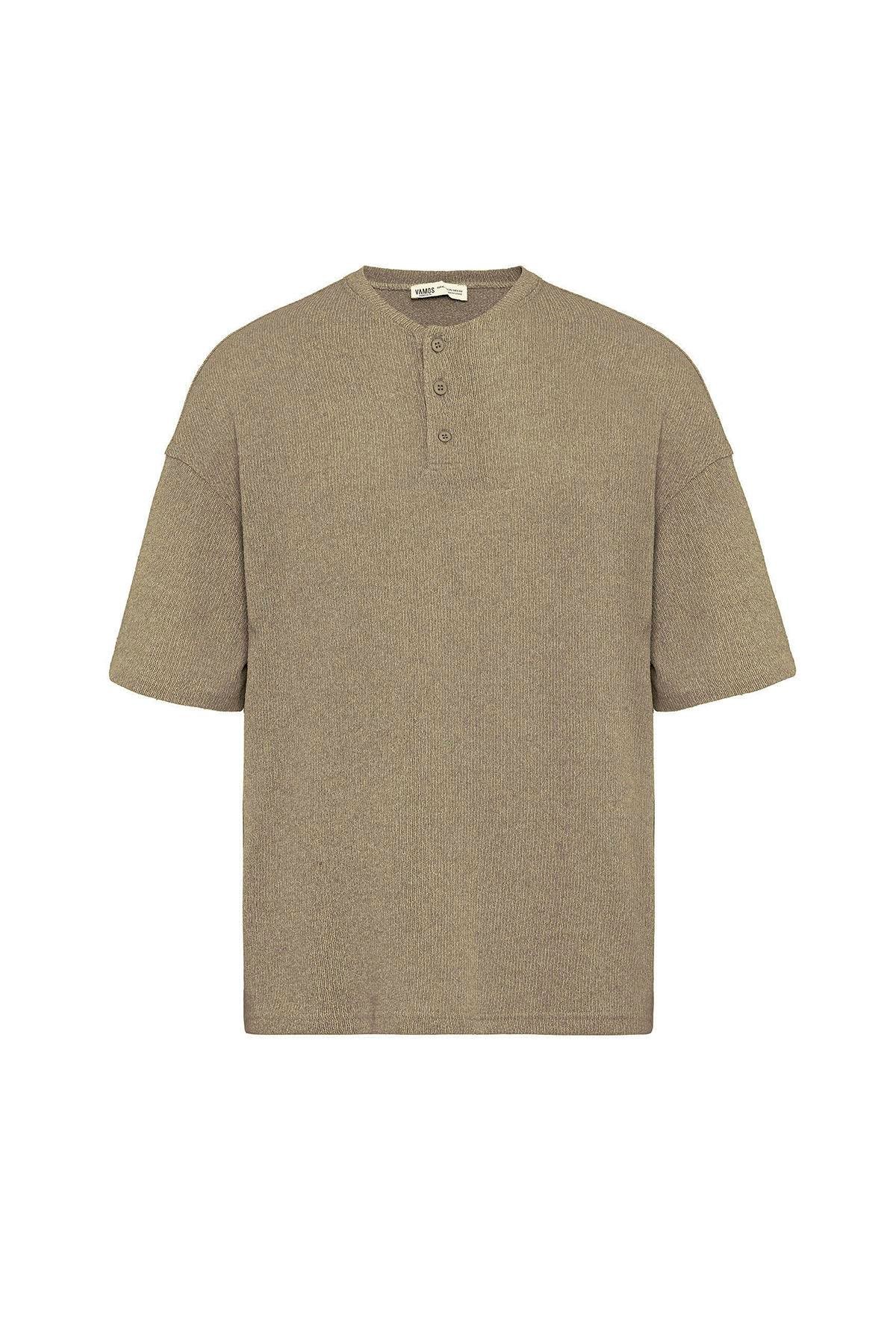 Basic Oversize Düğme Yaka Tişört Haki