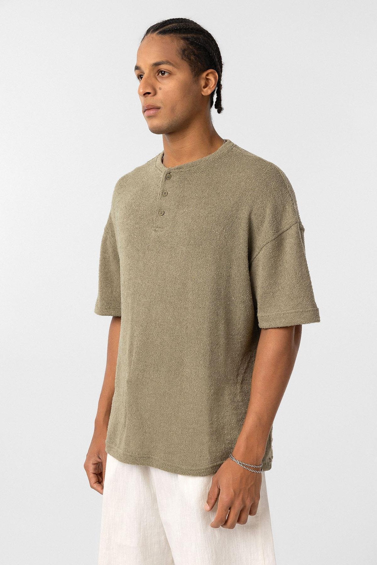 Basic Oversize Düğme Yaka Tişört Haki