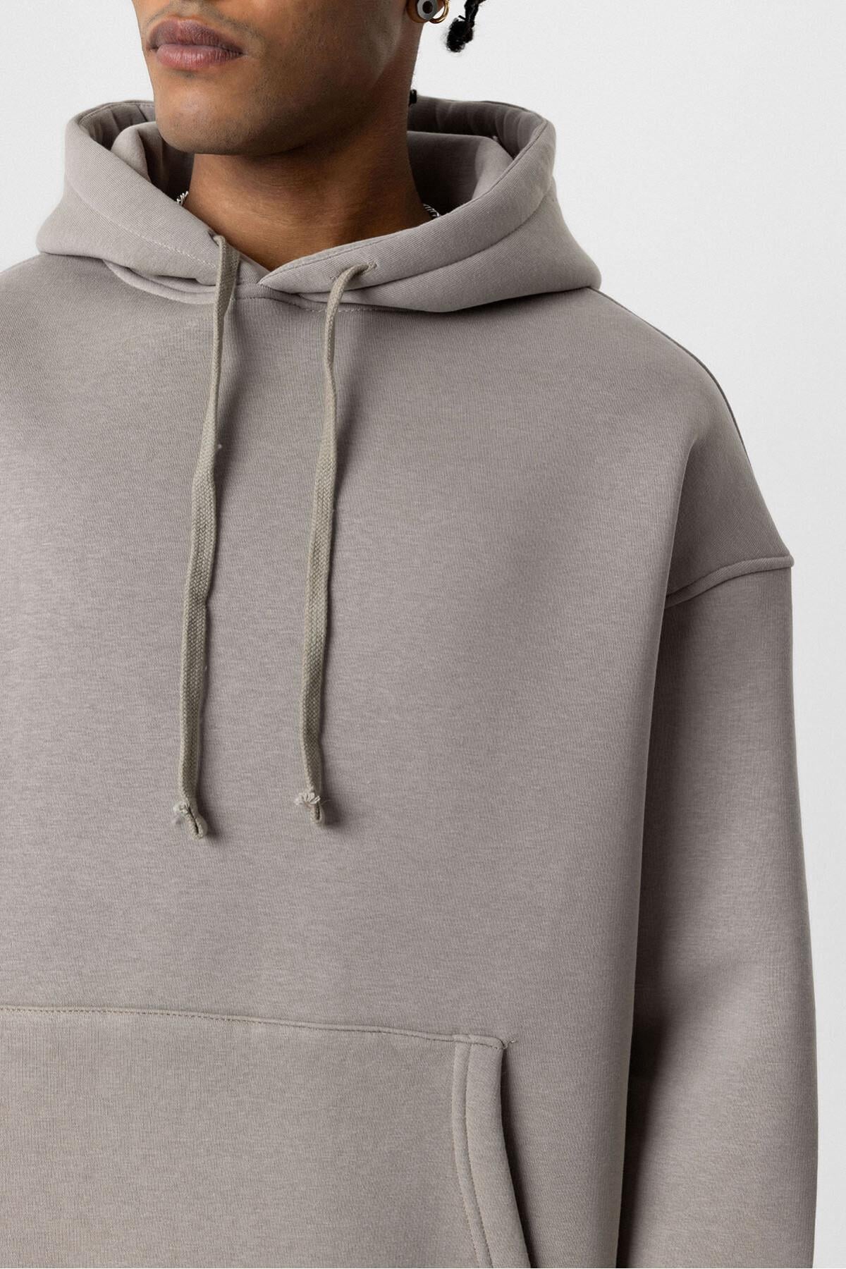 Basıc Oversize Kapüşonlu Cep Detaylı Sweatshirt Vizon
