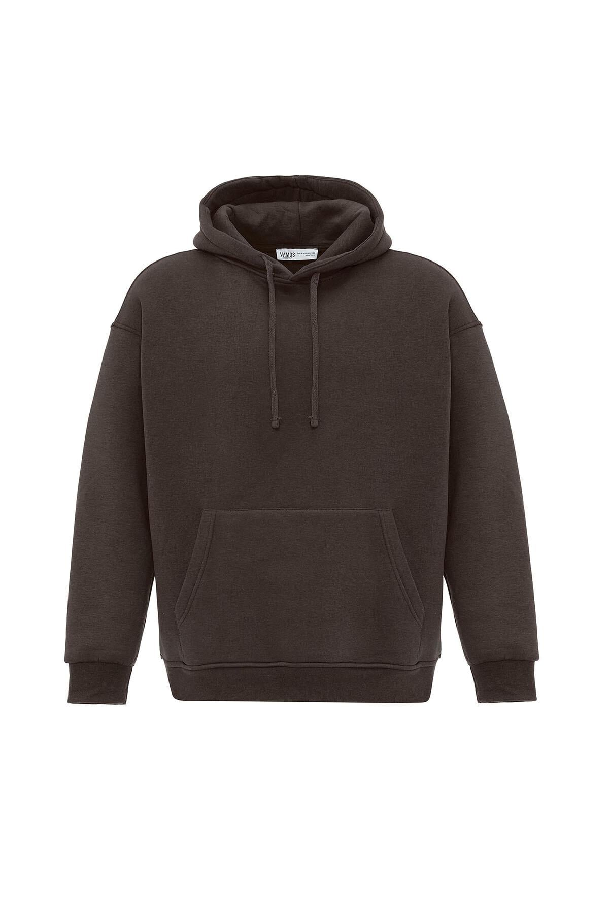 Basıc Oversize Kapüşonlu Cep Detaylı Sweatshirt Kahve