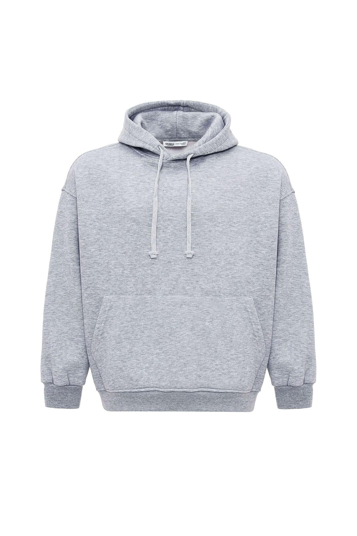 Basıc Oversize Kapüşonlu Cep Detaylı Sweatshirt Gri Melanj