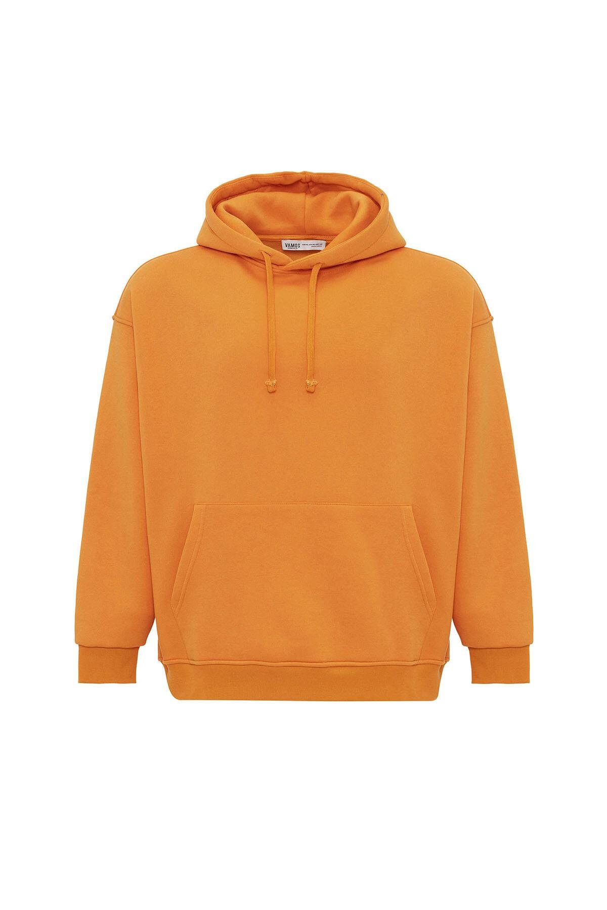 Basıc Oversize Kapüşonlu Cep Detaylı Sweatshirt Oranj