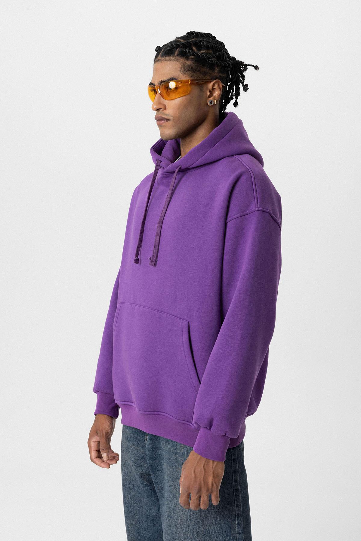 Basıc Oversize Kapüşonlu Cep Detaylı Sweatshirt Mor