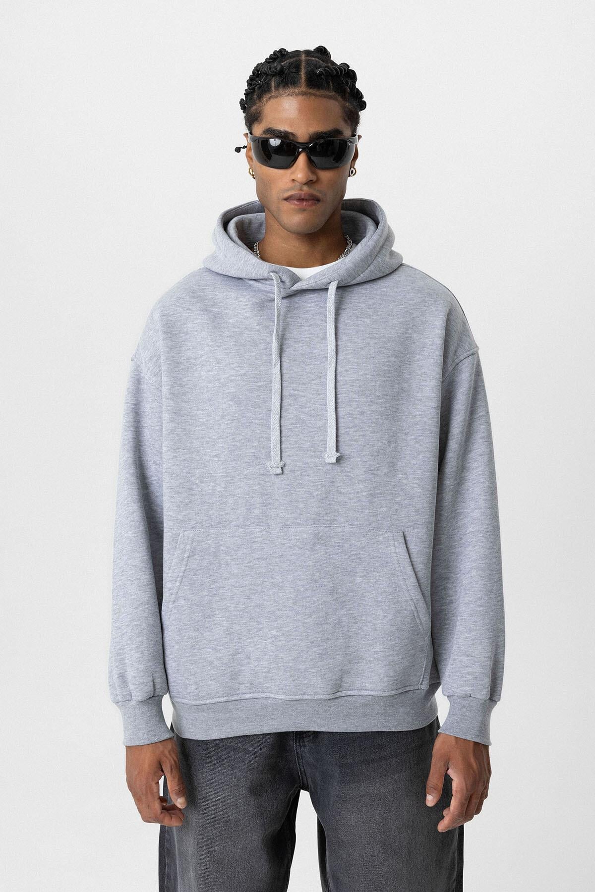 Basıc Oversize Kapüşonlu Cep Detaylı Sweatshirt Gri Melanj