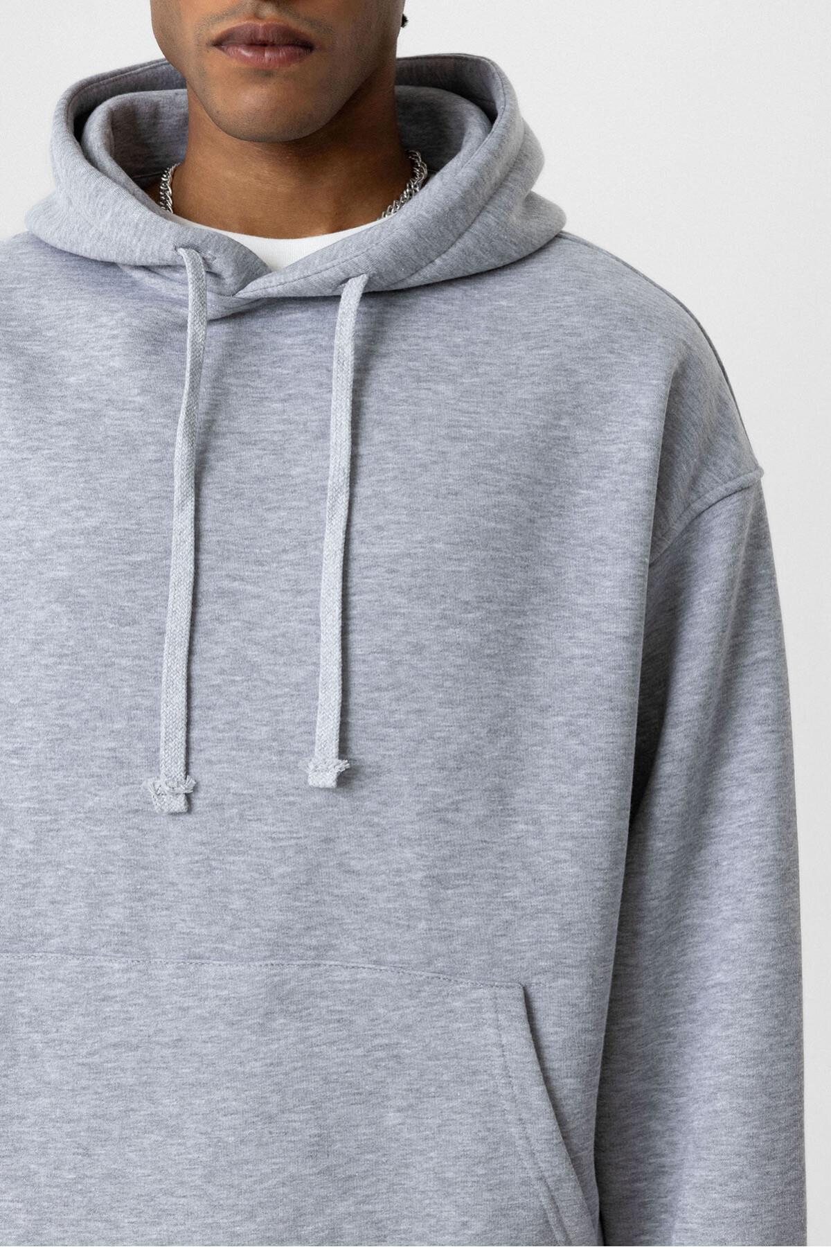 Basıc Oversize Kapüşonlu Cep Detaylı Sweatshirt Gri Melanj