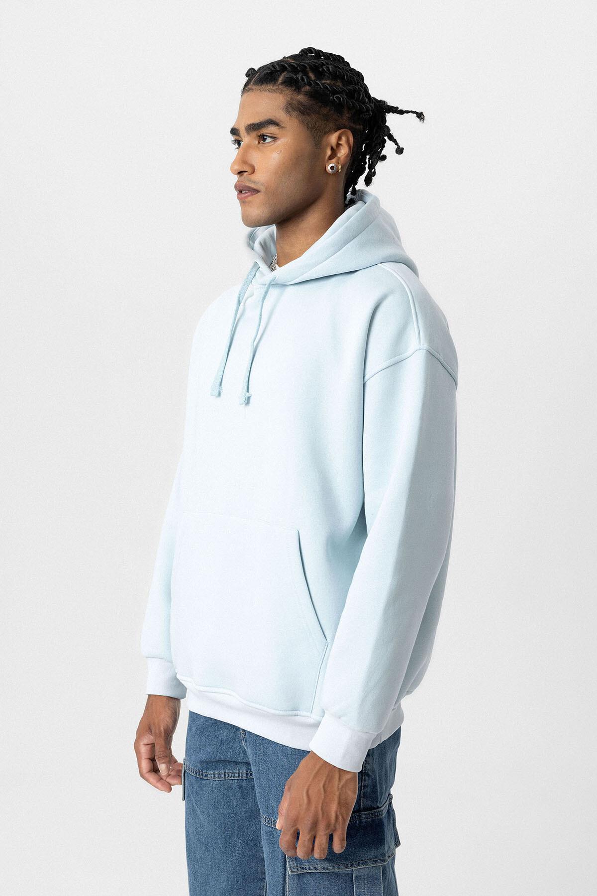 Basıc Oversize Kapüşonlu Cep Detaylı Sweatshirt Bebe Mavi