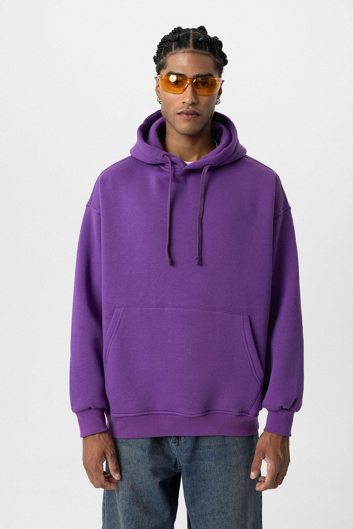 Basıc Oversize Kapüşonlu Cep Detaylı Sweatshirt Mor