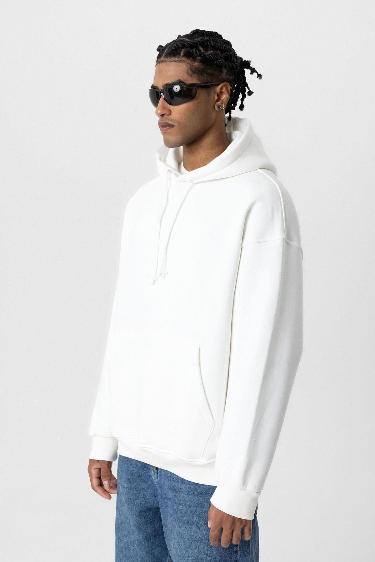 Basıc Oversize Kapüşonlu Cep Detaylı Sweatshirt Ekru