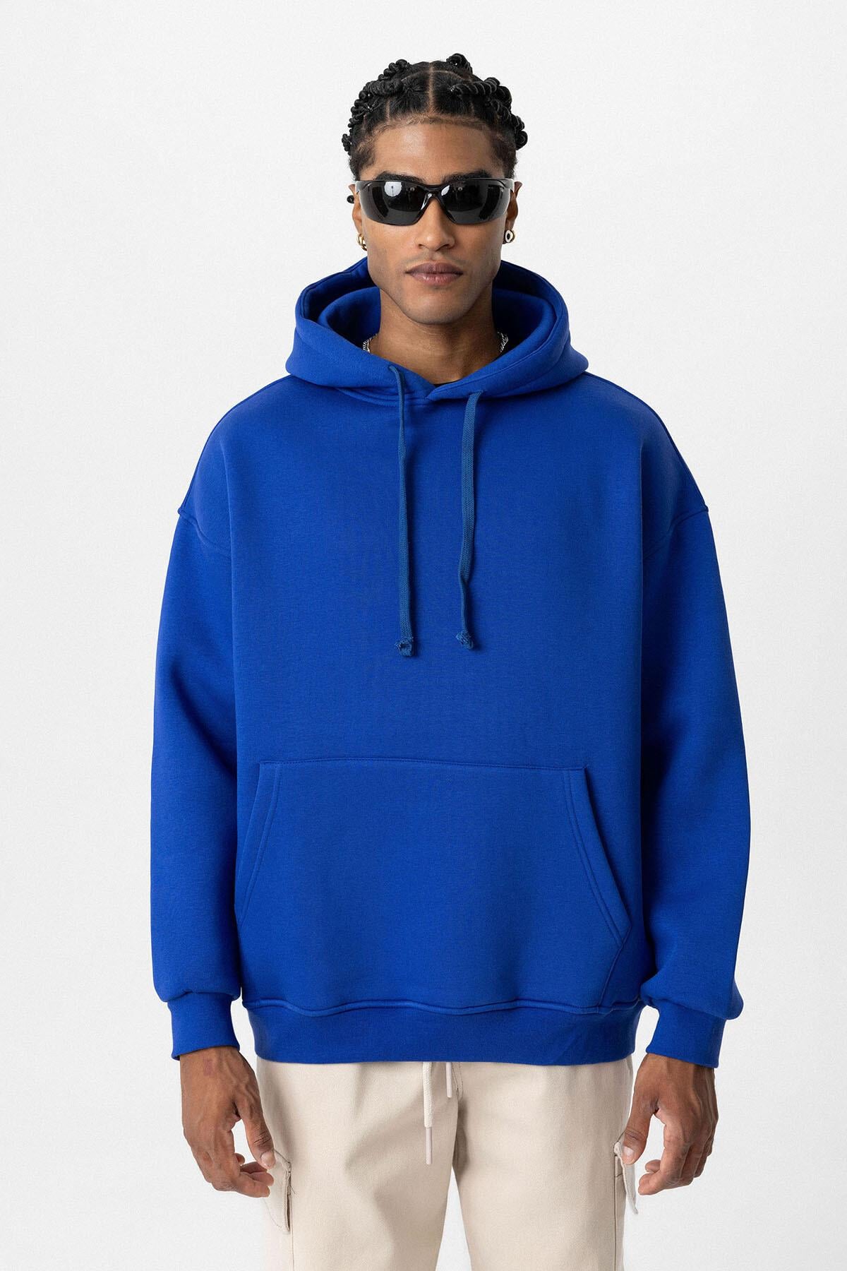 Basıc Oversize Kapüşonlu Cep Detaylı Sweatshirt Saks