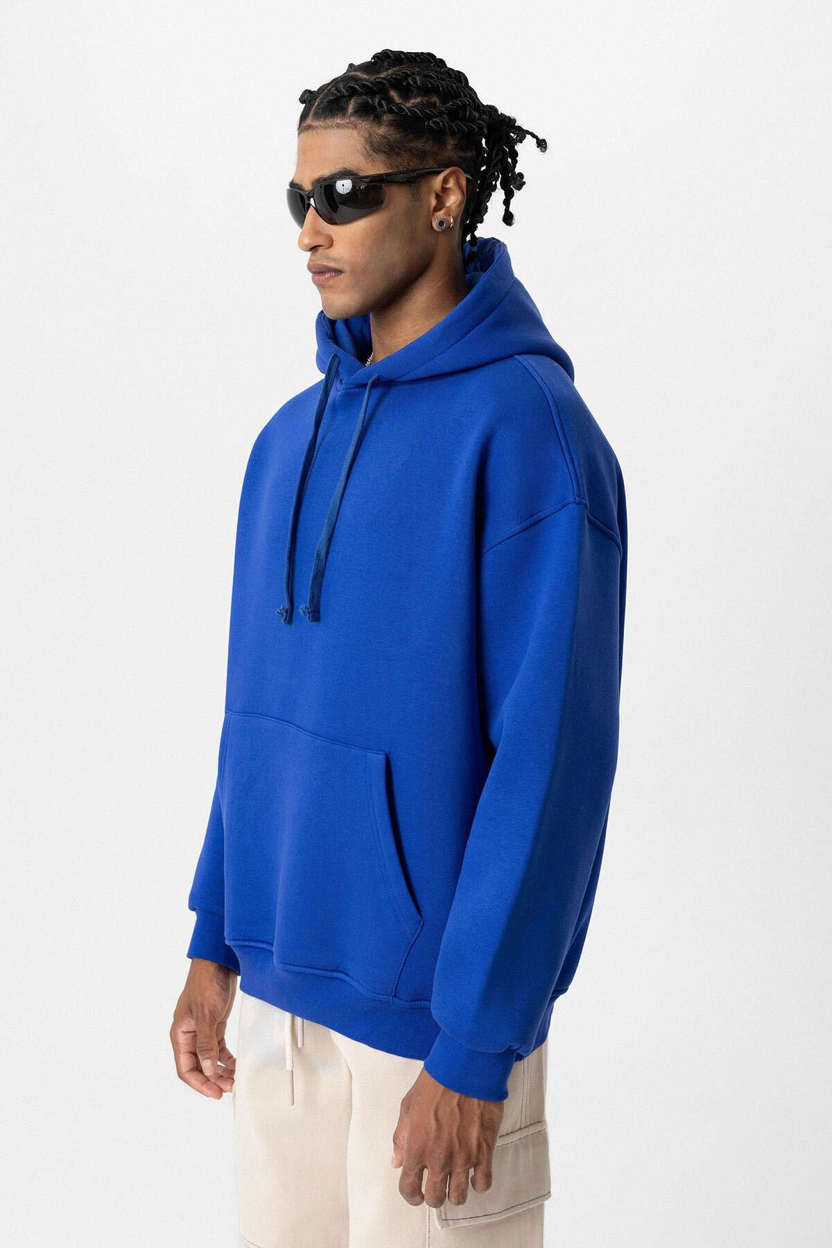 Basıc Oversize Kapüşonlu Cep Detaylı Sweatshirt Saks
