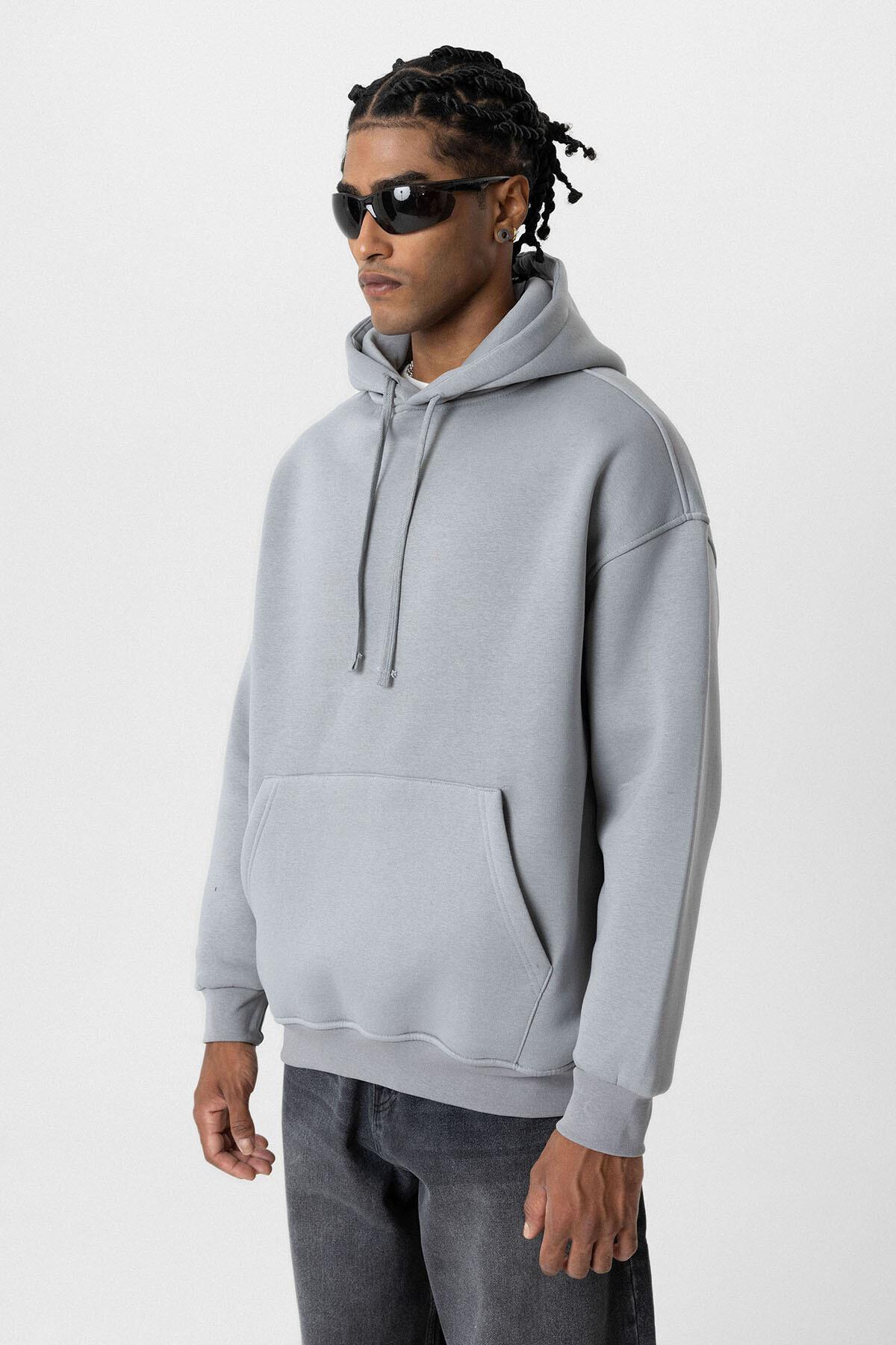 Basıc Oversize Kapüşonlu Cep Detaylı Sweatshirt Gri