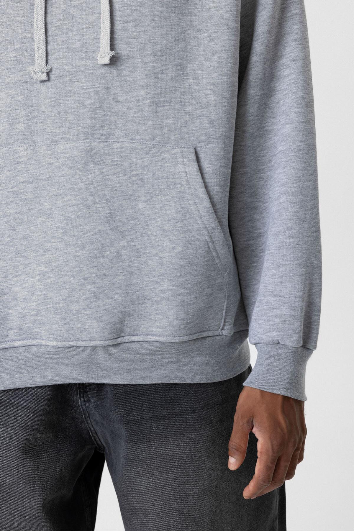 Basıc Oversize Kapüşonlu Cep Detaylı Sweatshirt Gri Melanj