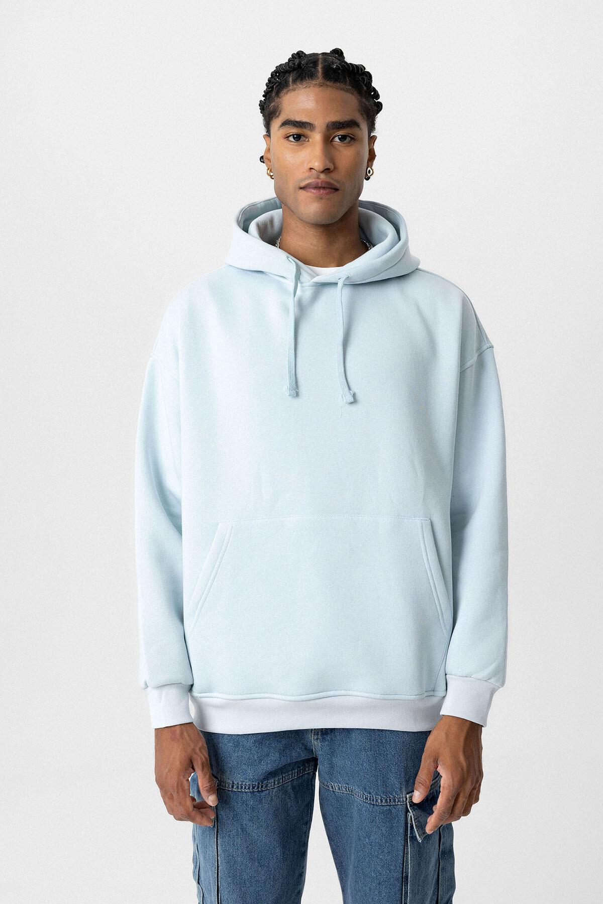 Basıc Oversize Kapüşonlu Cep Detaylı Sweatshirt Bebe Mavi