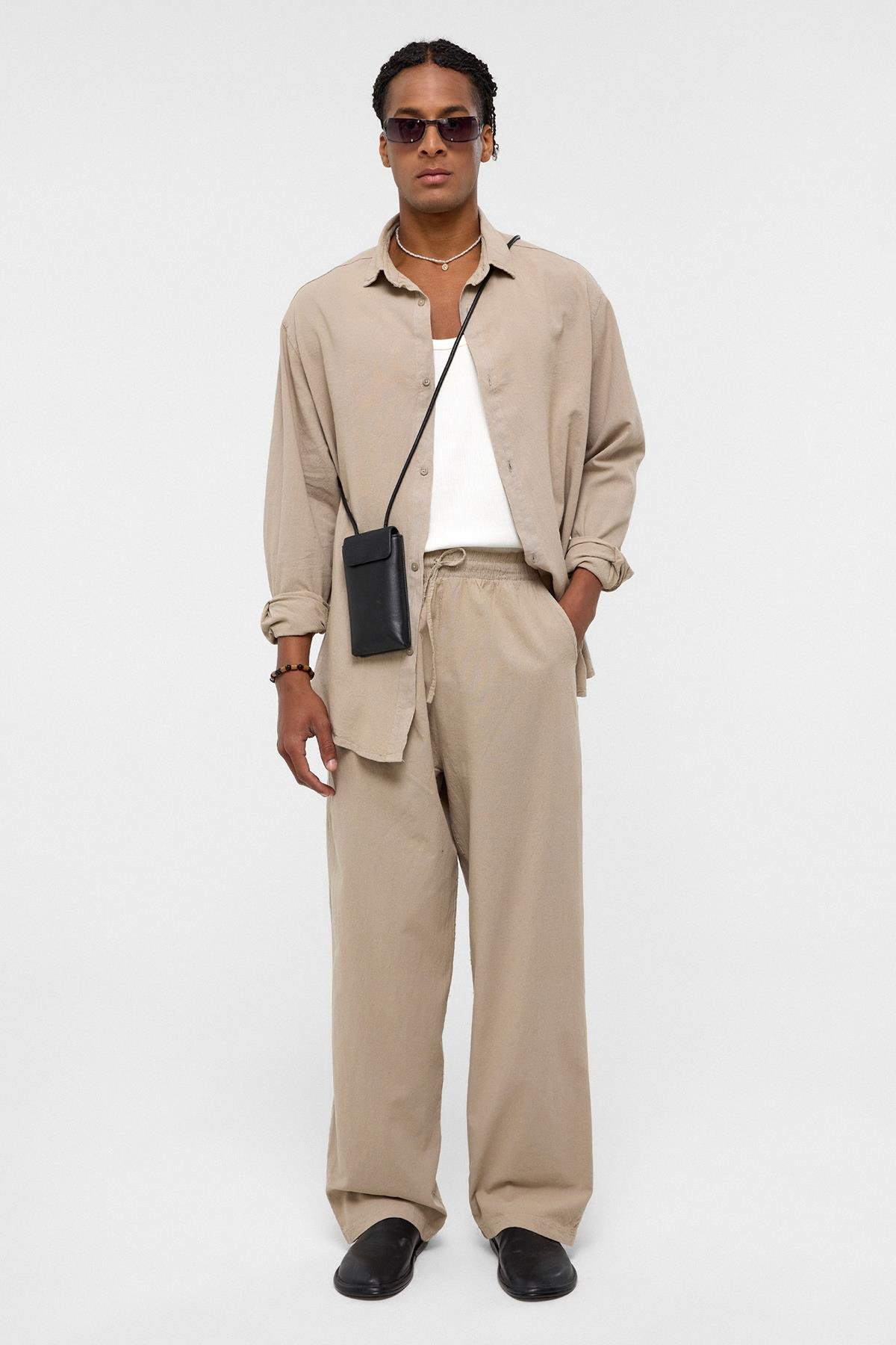 Basic Oversize Keten Takım Bej