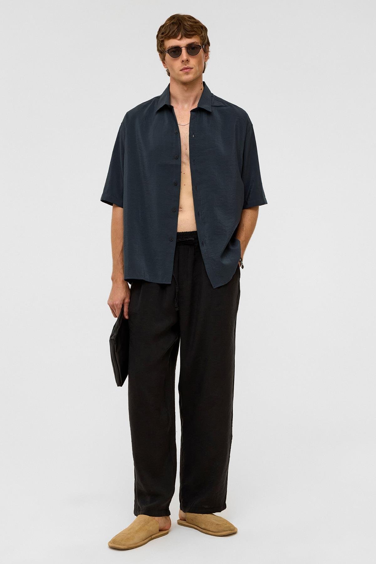 Basic Oversize Kısa Kollu Modal  Gömlek Füme