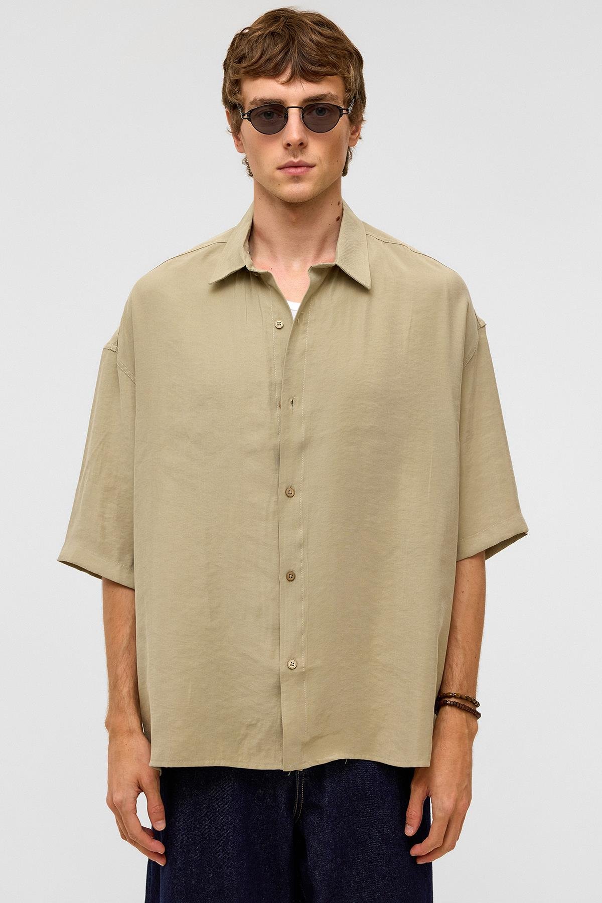 Basic Oversize Kısa Kollu Modal  Gömlek Haki