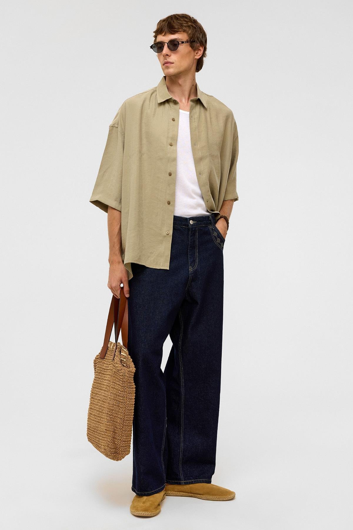 Basic Oversize Kısa Kollu Modal  Gömlek Haki