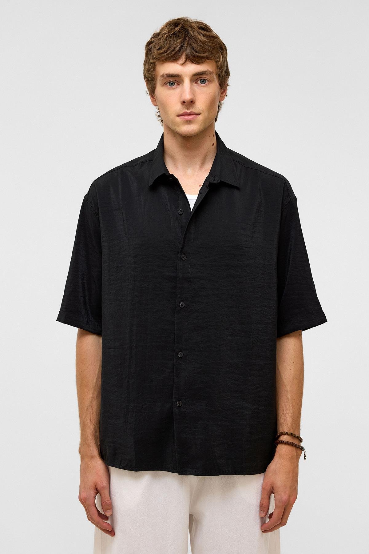 Basic Oversize Kısa Kollu Modal  Gömlek Siyah