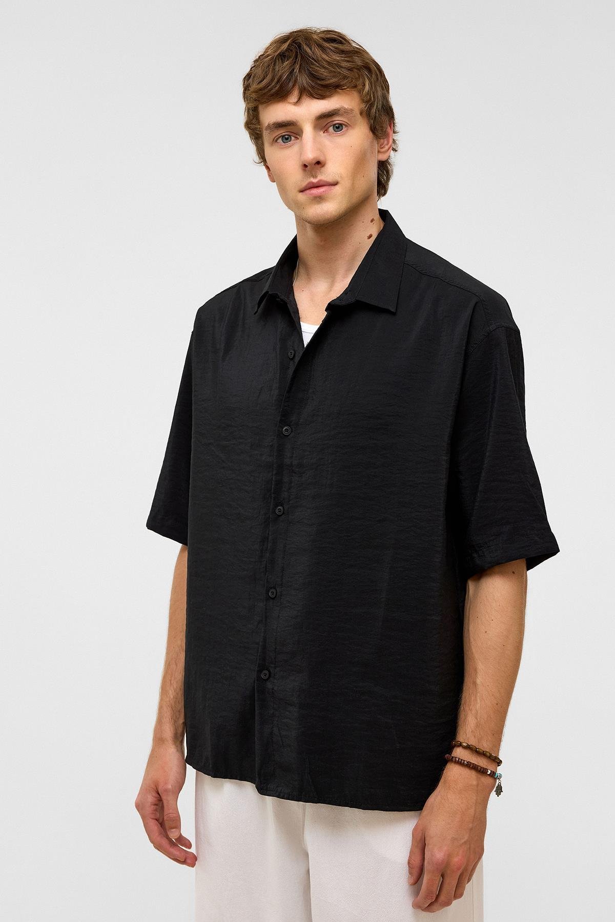 Basic Oversize Kısa Kollu Modal  Gömlek Siyah