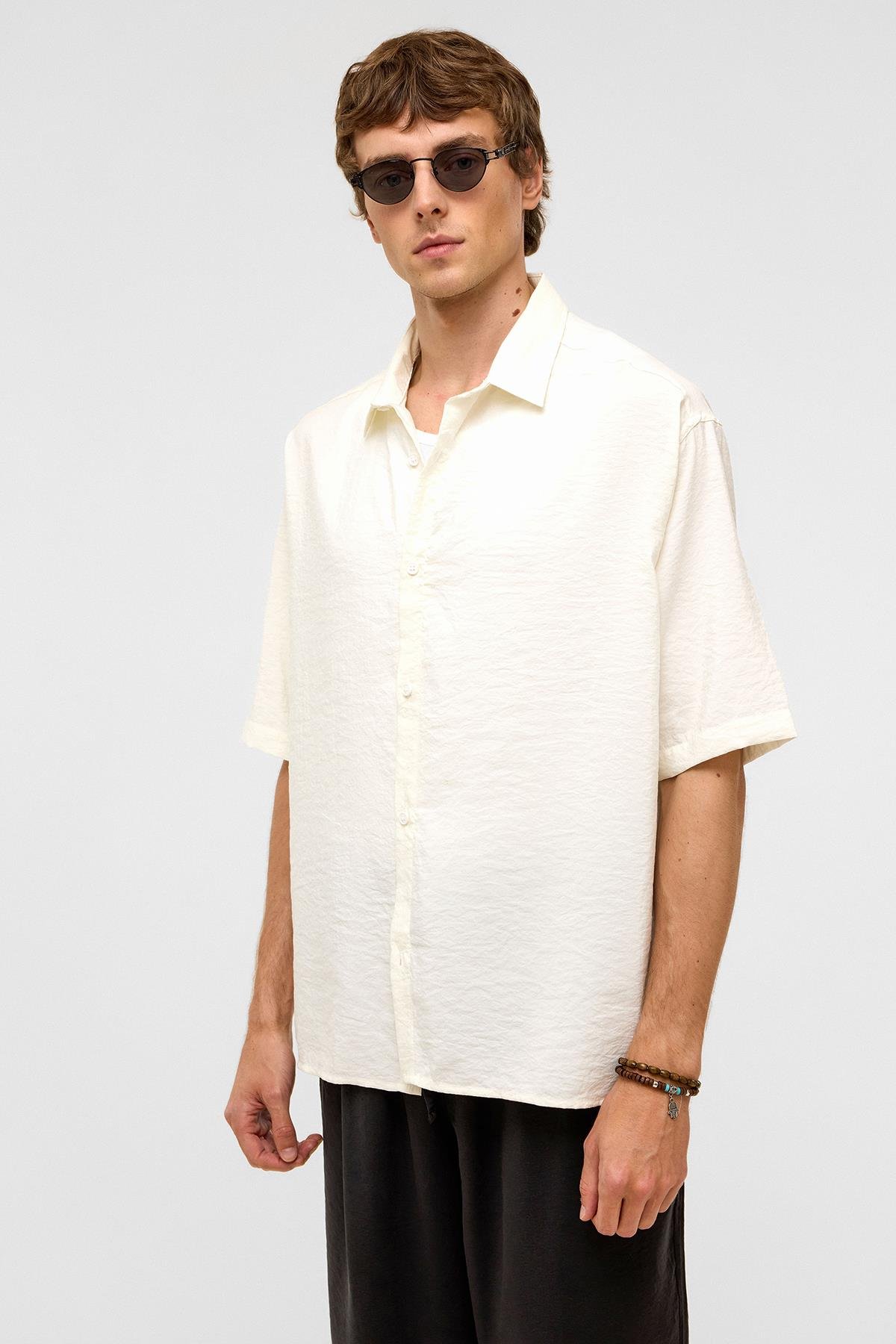 Basic Oversize Kısa Kollu Modal  Gömlek Ekru