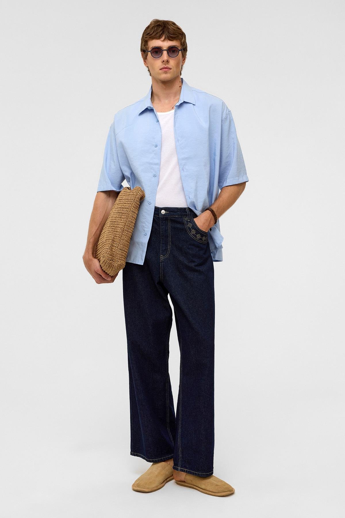 Basic Oversize Kısa Kollu Modal  Gömlek Bebe Mavi