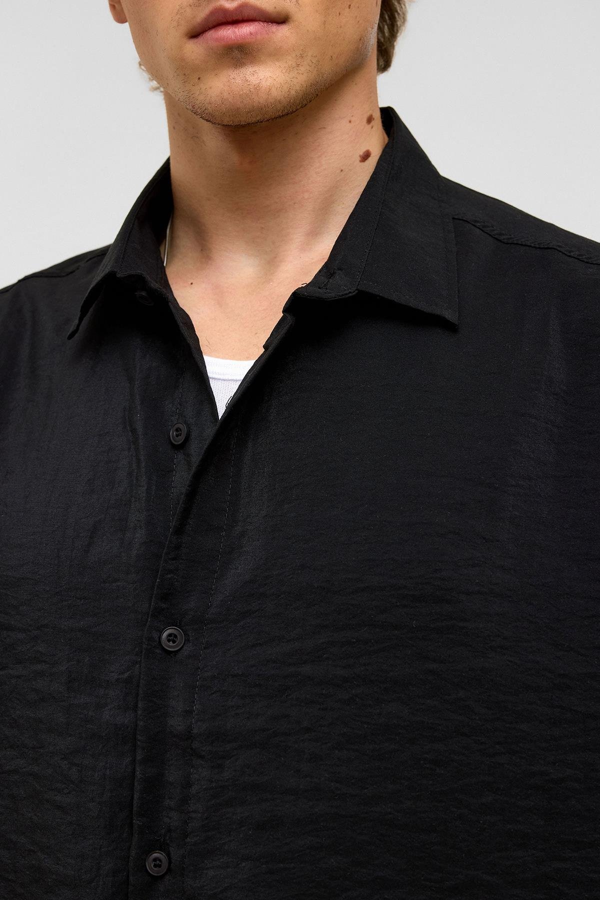 Basic Oversize Kısa Kollu Modal  Gömlek Siyah