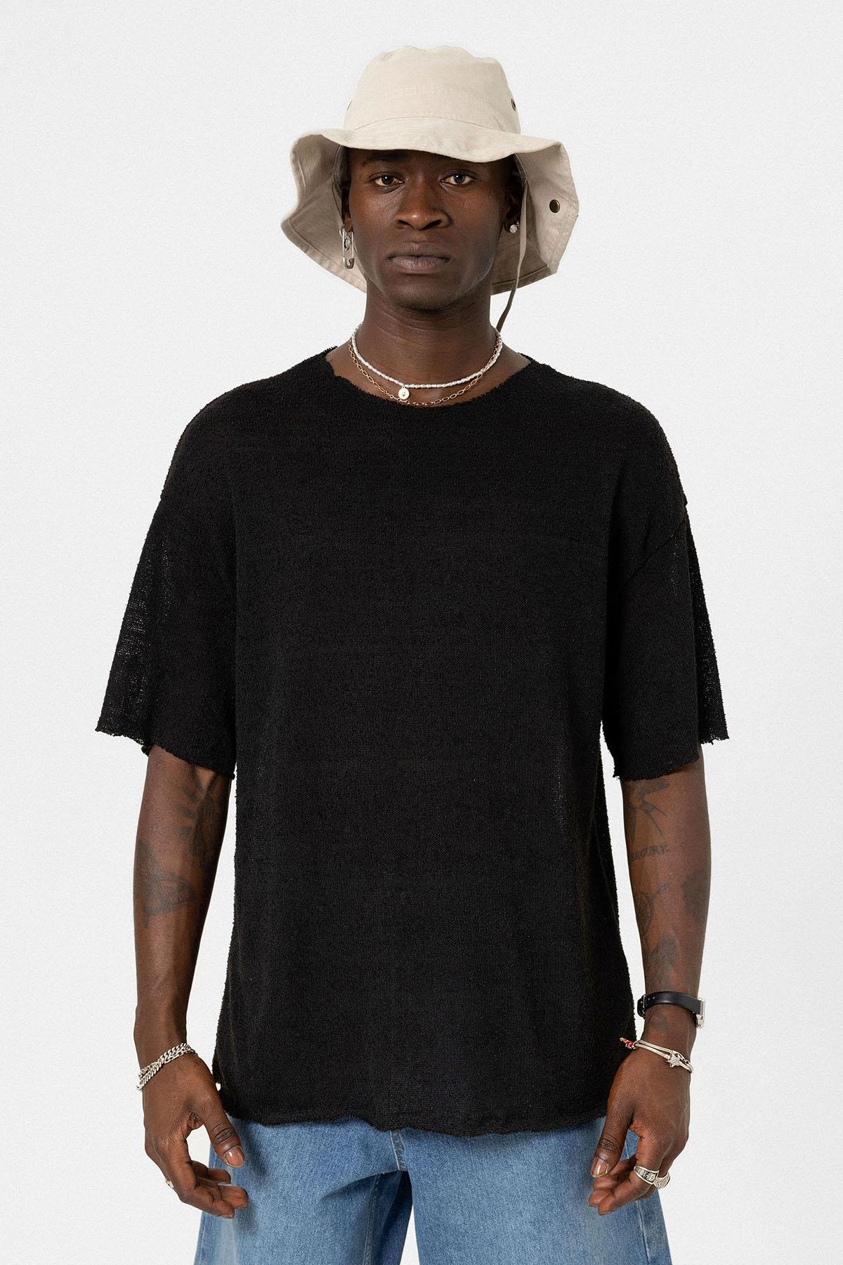 Basic Oversize Örme Triko Tişört Siyah