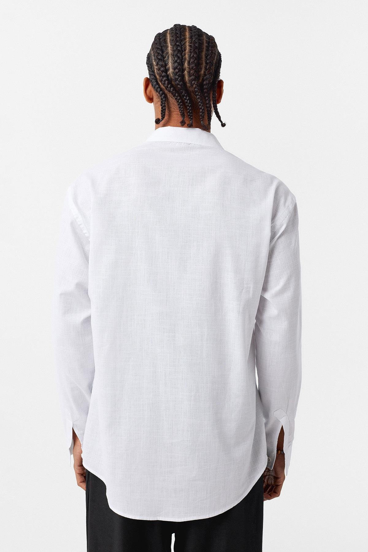 Basic Oversize Pamuk  Keten Gömlek Beyaz