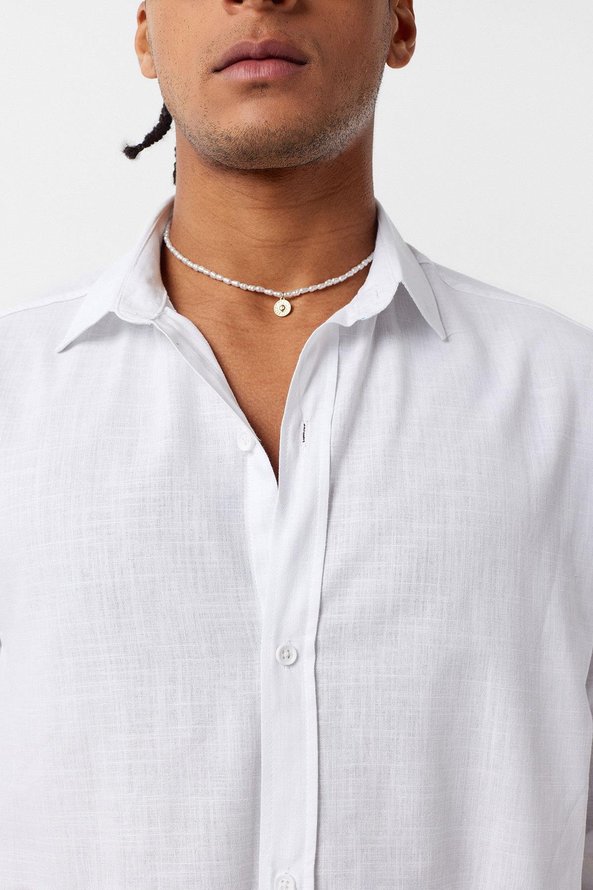 Basic Oversize Pamuk  Keten Gömlek Beyaz