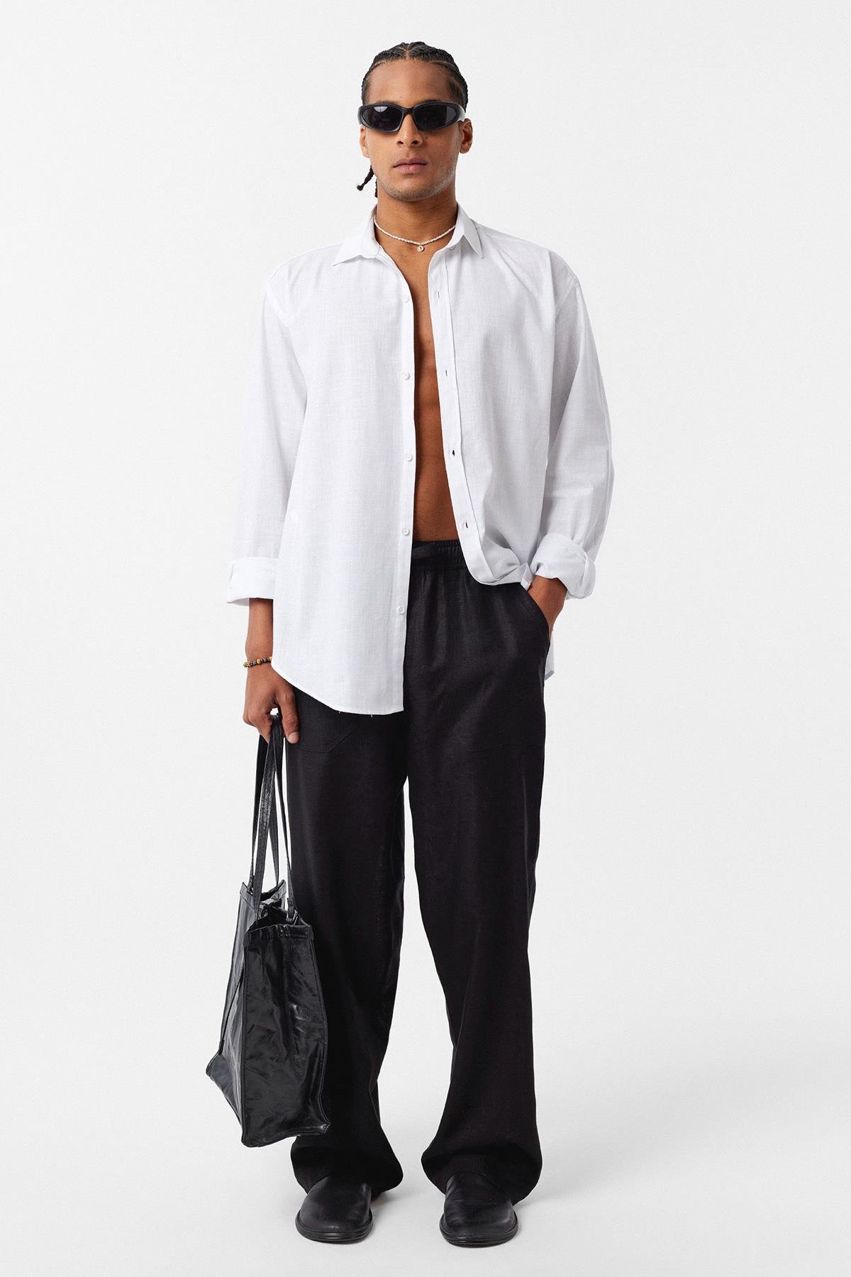 Basic Oversize Pamuk  Keten Gömlek Beyaz