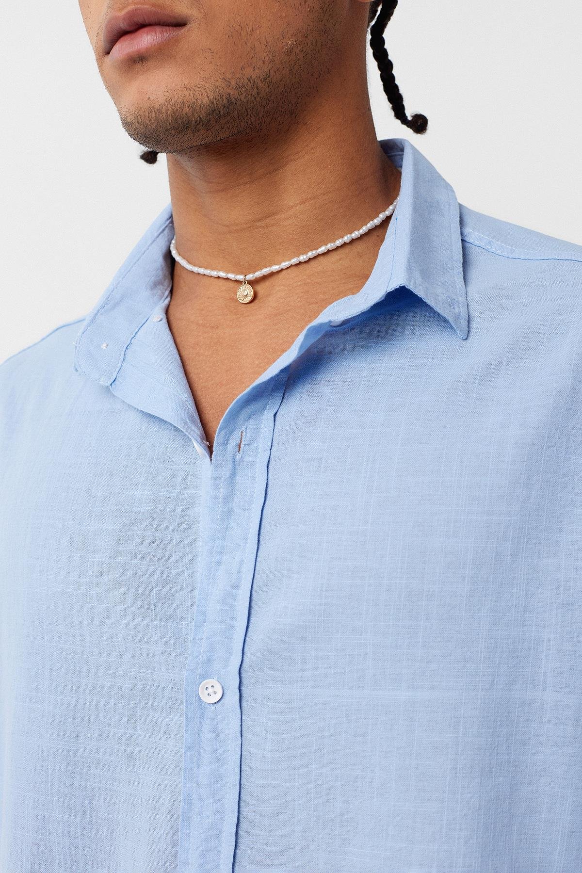 Basic Oversize Pamuk  Keten Gömlek Mavi